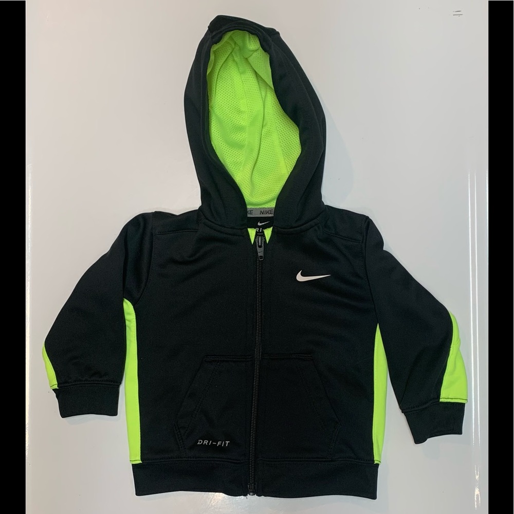 Nike Jacket- size 12 Month Like New- Hood with Zipper Black & Lime Green